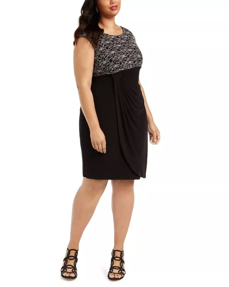 Front of a model wearing a size 20W Connected Women's Plus Size Lace-Top Sheath Dress Black Size 20W in Black by Connected. | dia_product_style_image_id:317102